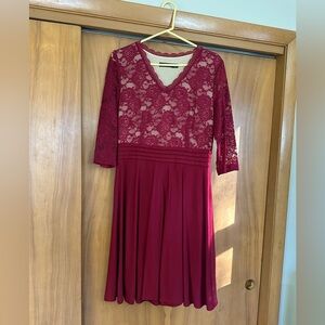 3/4 Sleeve Wine Colored Dress with Lace Detail